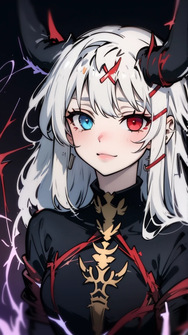 1 girl, adult woman,  Alone, g0ld3mb, air, (platinum blonde hair) hair, hime cut, (kawaii hair clips:1.2)    high quality, Best Quality, high resolution, High detail, (airen aura magic), hair uplifted, horns,Beautiful young white-haired woman with piercing red and blue eyes, half smile with full lips, black nails, barbed wires everywhere(coiled black barbed wires),read eyes,blue eyes, (different eyes), (heterochromia)