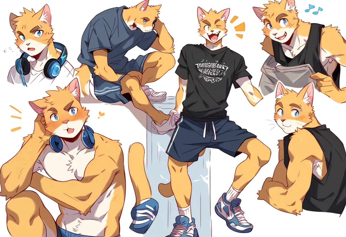score_9, score_8_up, score_7_up, male, furry, high quality, hires, anthro, teenager, 16 years old, domestic cat, basketball player, bright yellow fur, blue eyes, wide brown eyebrows, excited expression, humanoid feet, slim body, prominent v-line, prominent abs, prominent legs, prominent forearm, prominent knees, white background, treasure trail, armpit hair, furry legs, in various sexy poses, headphones, casual clothes, joggers, black shirt, shorts, showing off, folded arms