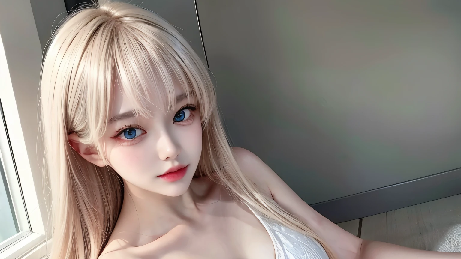 Portrait、、Bright expression、Young, lustrous, glowing, white skin、The best beauty、Blonde reflection、piper peri , Platinum blonde hair with dazzling highlights、Shiny and shiny hair,、Super long silky straight hair、Shiny beautiful bangs、Big, bright, light blue eyes that shine beautifully、Very big eyes、Very beautiful nice cute 15 year old beautiful girl、Ample Bust、The skin is delicate,Head up,Giant Mouth,look at me,((full throat),((breathe)),(Throat),Sweat,Interrupt),the dress is dripping,super low neck dress,No underwear,Pantyless,Water spray、bangs over eyes、片bangs over eyes、Bangs between the eyes、Small Face Beauty、Cheek gloss highlighter、Small Face Beauty、Round face