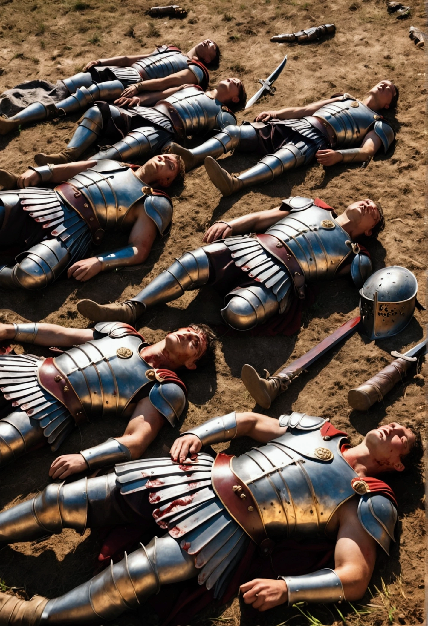 A scene of valorous Roman soldiers lying dead on the battlefield, their defeated stance a testament to their heroic bravery. This vivid image, perhaps a meticulously crafted painting, showcases the poignant aftermath of a fierce battle. The warriors' battered armor, blood-stained but gleaming under the soft sunlight,Fallen shields lie scattered.