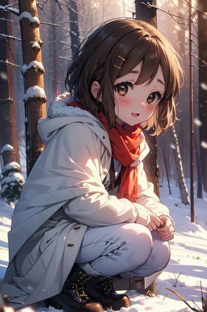yuihirasawa, Yui Hirasawa, short hair, Brown Hair, hair ornaments, (Brown eyes:1.5), Hair Clip、smile,smile,blush,white breath,
Open your mouth,snow,Ground bonfire,, Outdoor, boots, snowing, From the side, wood, suitcase, Cape, Blurred, , forest, White handbag, nature, Squat, Mouth closed, Cape, winter, Written boundary depth, Black shoes, red Cape break looking at viewer, Upper Body, whole body, break Outdoor, forest, nature, break (masterpiece:1.2), Highest quality, High resolution, unity 8k wallpaper, (shape:0.8), (Beautiful and beautiful eyes:1.6), Highly detailed face, Perfect lighting, Highly detailed CG, (Perfect hands, Perfect Anatomy),