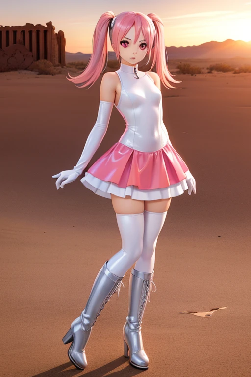 Perfect Anatomy　Highest quality,Highest Resolution,(((Orange one piece dress　Long skirt　Silver Boots　White Opera Gloves　latex　pink hair))) Metal Max 2:Reloaded　独奏　Twin tails　Red Eye　Slender　18-year-old　end of the century　desert　wilderness　ruins
