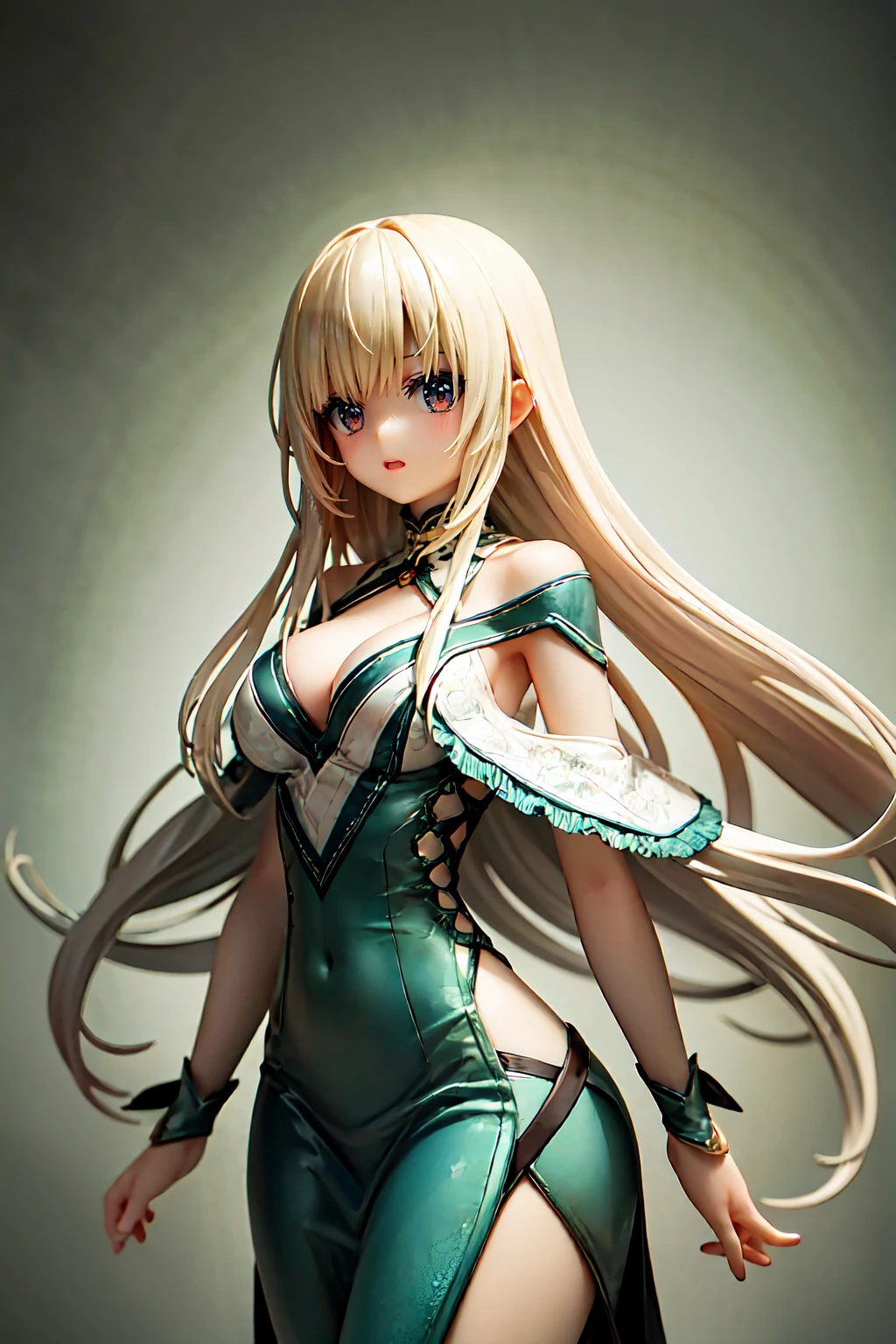 masterpiece, Highest quality, Attention to detail, Light and darkness intertwined, Cowboy Shot, unity mature women, Fairy, Platinum Blonde Hair,Long Hair, Green Dress, (Sw\(Chambu\):1.2), Gray background,