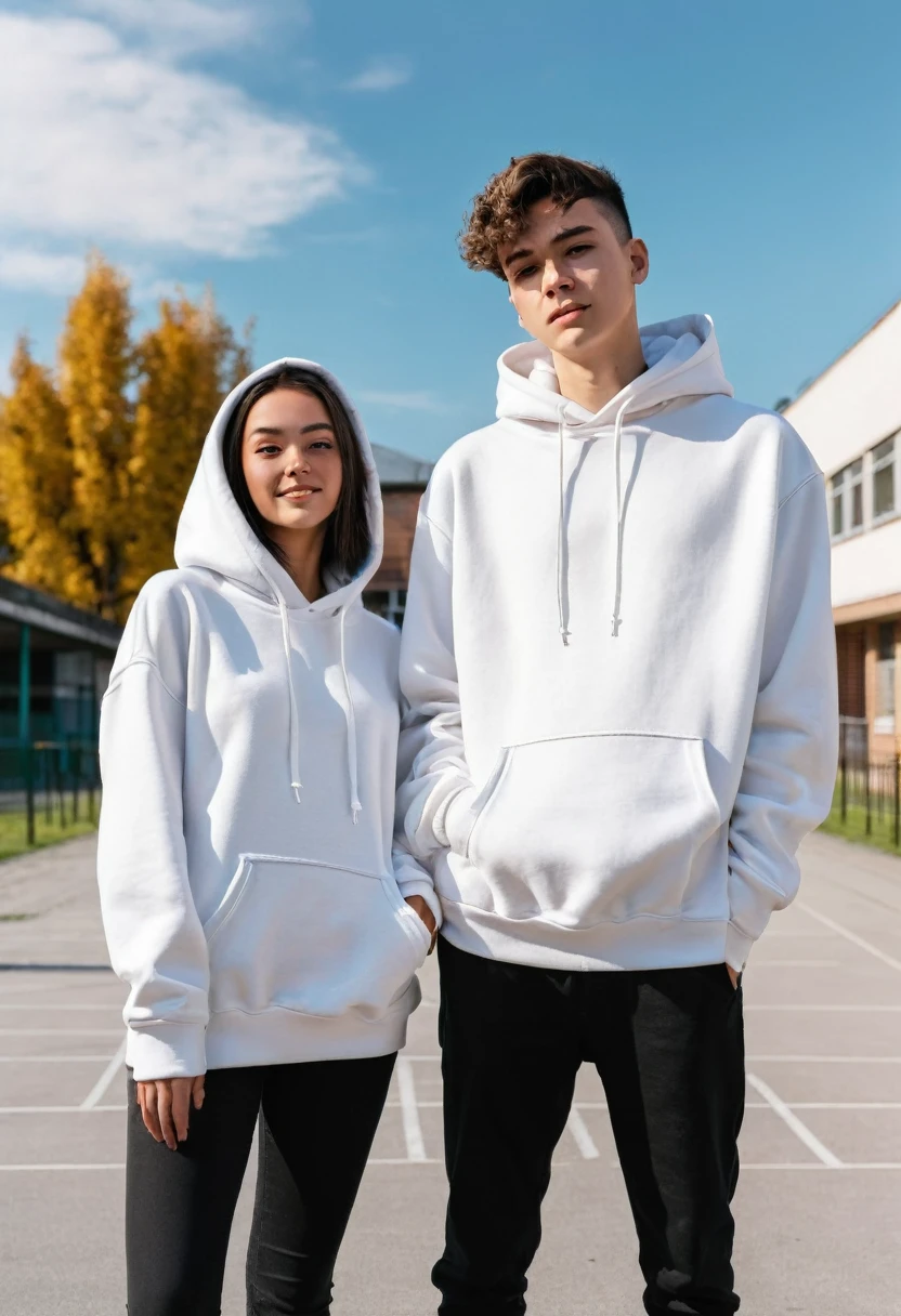 Two people wearing white hoodies and standing in a schoolyard. One person stands facing the camera and shows his face, while the other person stands with his back to the camera. In the background you can see a typical high school. The schoolyard is lively with trees and a sporty atmosphere, which reflects everyday life in a high school. Both people stand out clearly from the background with their white hoodies. The sky is clear and the scene is kept in a realistic style, mockup for hoodies