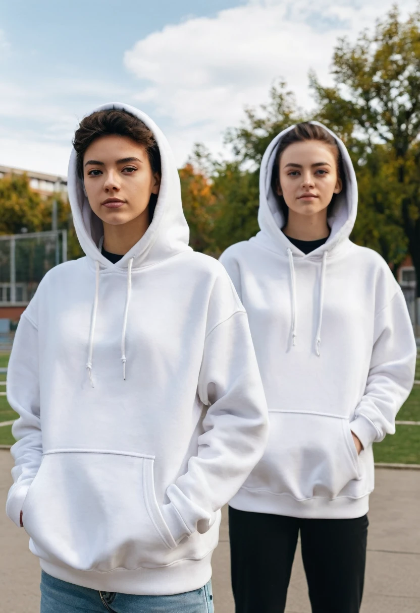 Two people wearing white hoodies and standing in a schoolyard. One person stands facing the camera and shows his face, while the other person stands with his back to the camera. In the background you can see a typical high school. The schoolyard is lively with trees and a sporty atmosphere, which reflects everyday life in a high school. Both people stand out clearly from the background with their white hoodies. The sky is clear and the scene is kept in a realistic style, mockup for hoodies