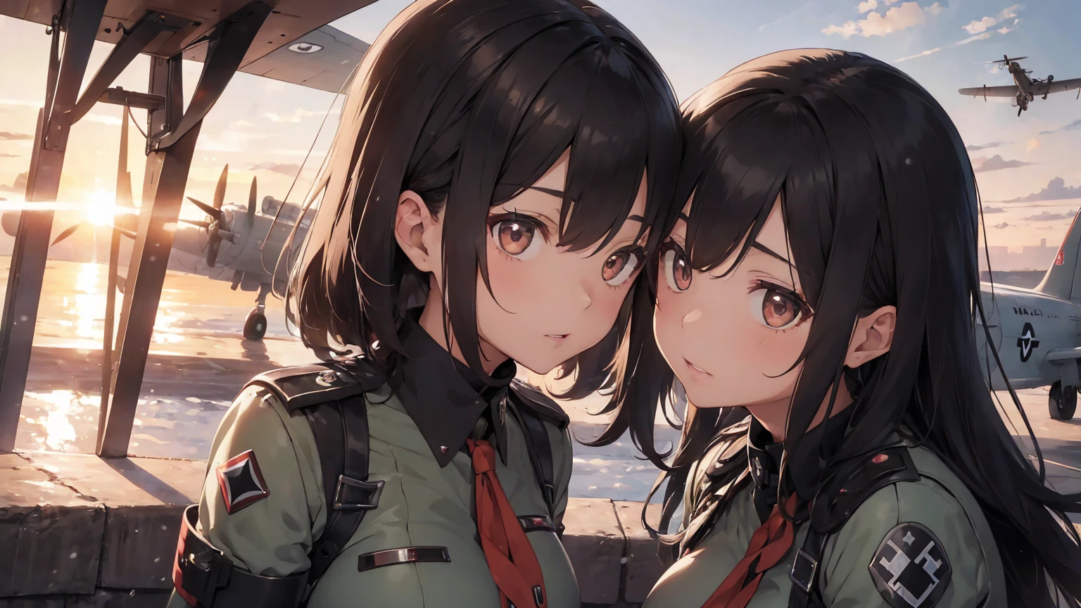  Gestapo uniform, female lesbian  kawaii sisters kissing passionately with T-54 military tank. wearing Luftwaffe uniforms. 8k. masterpiece. best quality. best artwork. lingerie. Swastika insignia red armband. busty bare breasts. nipples.  sunset. on knees standing-cunnilingus 