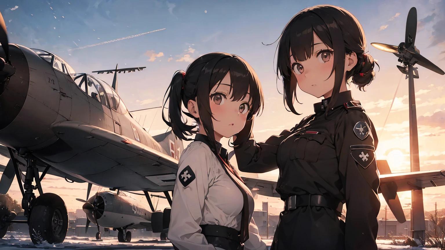 Gestapo uniform, female lesbian kawaii sisters kissing with Heinkel He 111 airplane in background. wearing Luftwaffe pilot uniforms. 8k. masterpiece. best quality. best artwork. lingerie. Swastika insignia red armband. busty bare breasts. nipples. sunset. snowing