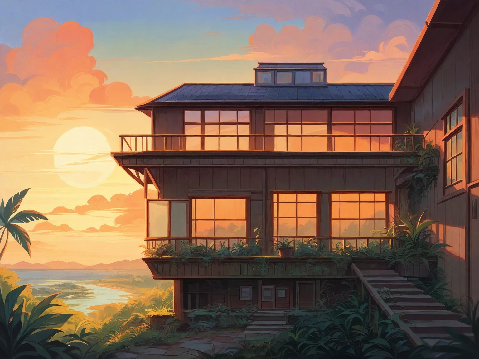 in the morning, sunrise, contemporary house exterior, beige and white mix together, glass door and window, large span balcony, on grassland, hillside, tropical landscape, masterpiece, high quality, ultra hd,