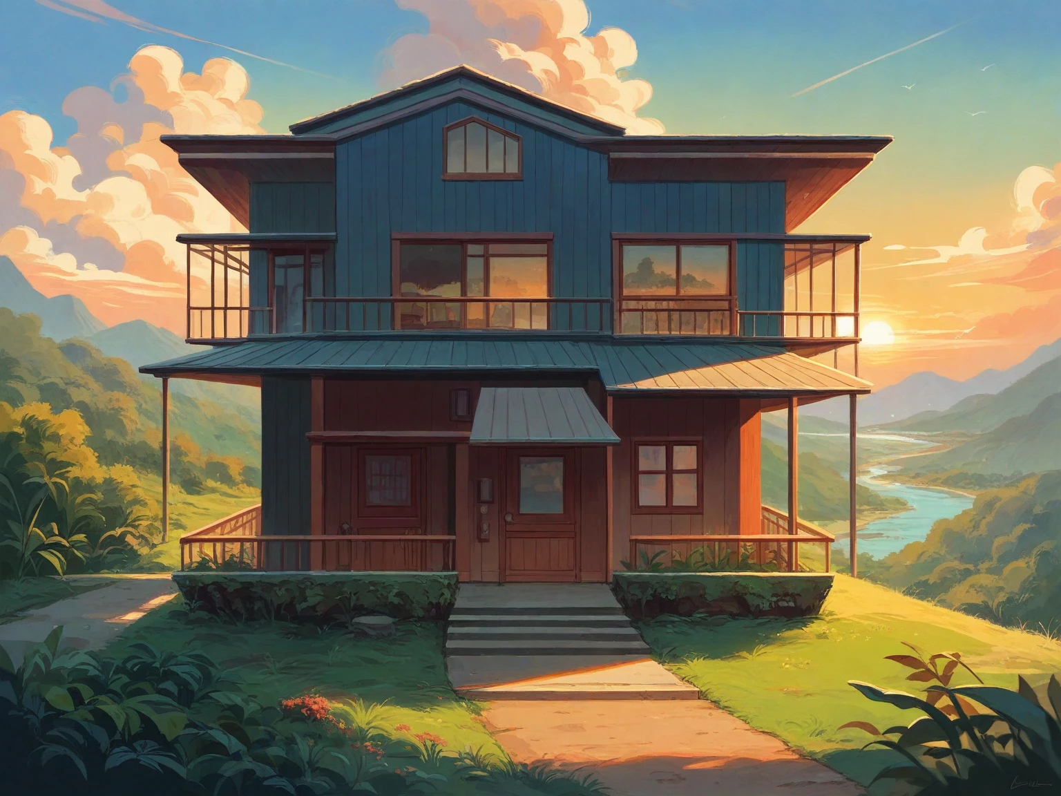 in the morning, sunrise, contemporary house exterior, beige and white mix together, glass door and window, large span balcony, on grassland, hillside, tropical landscape, masterpiece, high quality, ultra hd,