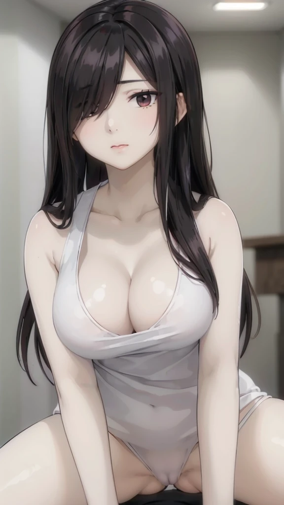 (((masterpiece))), (((best quality))), ((ultra-detailed)), (highly detailed CG illustration), (masterpiece:1.5), Detailed Photo, innocent shy,Sexy, (Best Quality: 1.4), (1girl), Beautiful Face, (Black Hair, long Hair: 1.3), Beautiful Hairstyle, beautiful detail eyes, (realistic skin), beautiful skin, absurd, attractive, ultra high resolution, high definition, (sexually aroused:1.5), Pinkish white skin, cool white light, sexy pose, full body view,Beautiful , white background, pink soft white light, pink pajama, busty breast,(hair over one eye:1.4), Messy hair,hair between eyes,pubic hair pussy, dense pubic Hairy pussy .