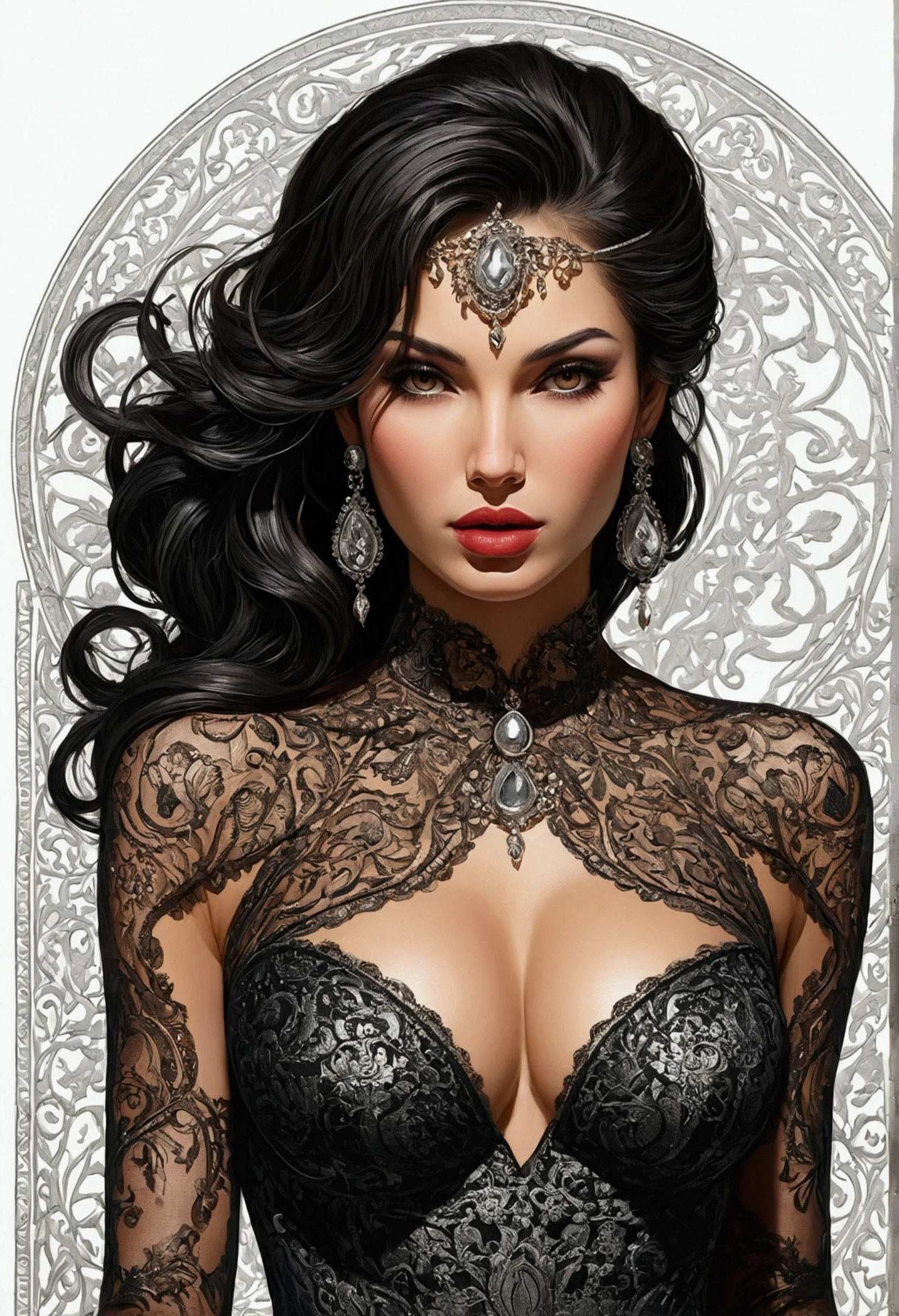 Beautiful brunette woman, 25 years old, stunning body, expressive and clear face, crystal clear eyes, full mouth, long dark curly hair tied behind her head, feshion, (((short black dress with gold details, with straps and lace))) , big breasts, gold jewelry earrings and necklace, ((intricately colored fractal background)), backlight, light falling on hair from behind, (((dynamic pose))), perfect hands, breathtaking image , 8k, HDR.