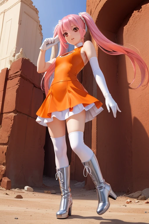 Highest quality,Highest Resolution,(((Orange one piece dress　Long skirt　Silver Boots　White Opera Gloves　pink hair))) Metal Max 2:Reloaded　独奏　Twin tails　Red Eye　Slender　18-year-old　end of the century　desert　wilderness　ruins