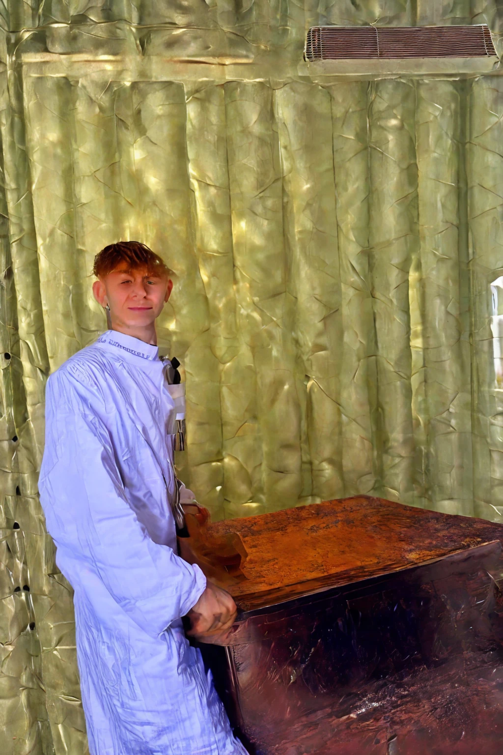 A young male twink, 19 years old, with a cute angel face, with makeup and black hair, wearing a luxurious, long-sleeved, white shirt and brown medieval pants. Behind him is a blackboard with a huge mathematics problem written on it, and he looks proudly as he sits at a desk with medical tools on it, and he has a face.  Innocent