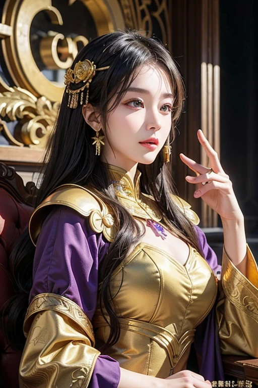 Close-up of a woman in a gold and purple dress, Chengwei Pan at Art Station, Jan J, Detailed fantasy art, Amazing character art, Fan Art Best Art Station, Magnificent and elaborate character art, Beautiful Armor, Highly detailed art, Detailed digital anime art, Art Station pixiv&#39;s artgerm, Girl in armor