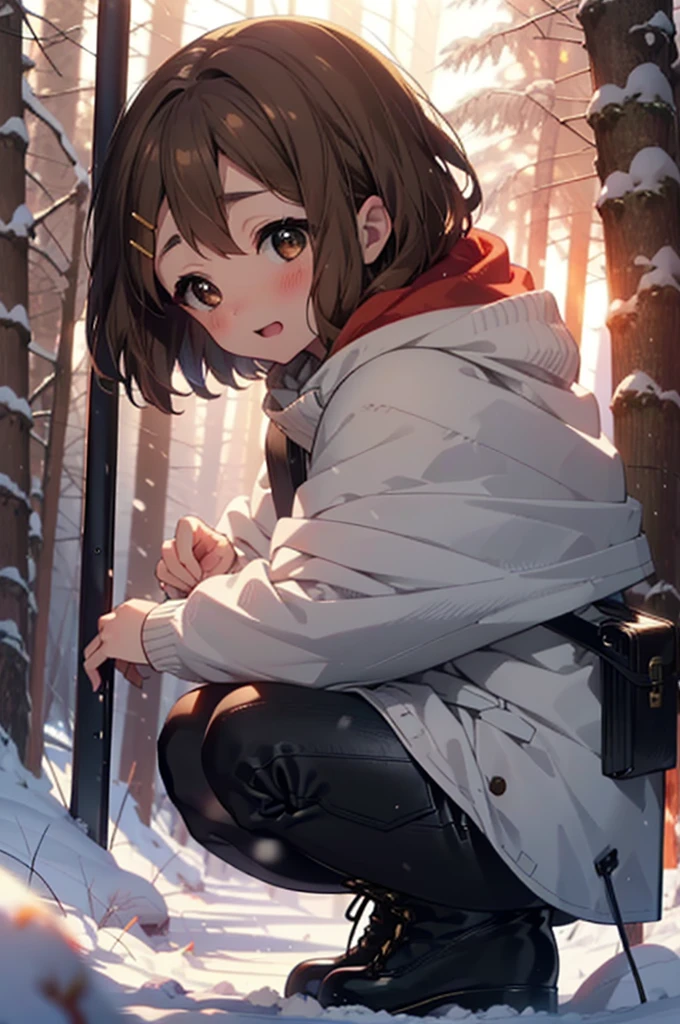 yuihirasawa, Yui Hirasawa, short hair, Brown Hair, hair ornaments, (Brown eyes:1.5), Hair Clip、smile,smile,blush,white breath,
Open your mouth,snow,Ground bonfire,, Outdoor, boots, snowing, From the side, wood, suitcase, Cape, Blurred, , forest, White handbag, nature, Squat, Mouth closed, Cape, winter, Written boundary depth, Black shoes, red Cape break looking at viewer, Upper Body, whole body, break Outdoor, forest, nature, break (masterpiece:1.2), Highest quality, High resolution, unity 8k wallpaper, (shape:0.8), (Beautiful and beautiful eyes:1.6), Highly detailed face, Perfect lighting, Highly detailed CG, (Perfect hands, Perfect Anatomy),