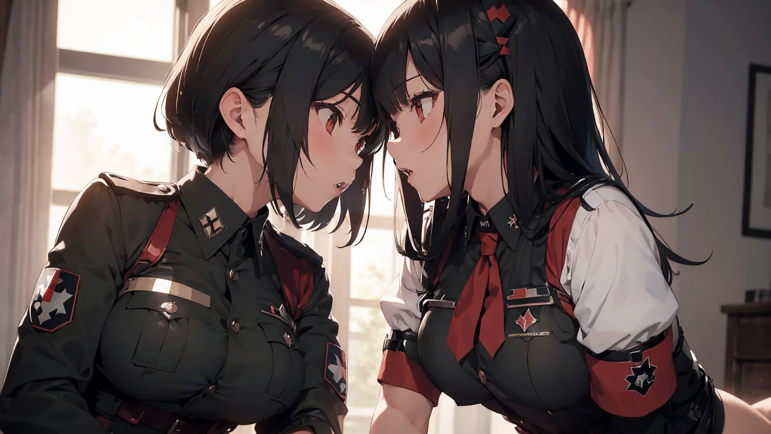   Propaganda poster. Gestapo uniform, female  lesbian kawaii sisters kissing passionately wearing  uniforms. 8k. masterpiece. best quality. best artwork. lingerie. swastika insignia. busty bare breasts. 