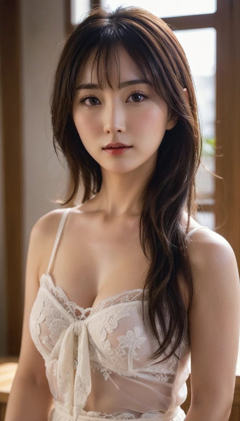 ((highest quality, table top, 8k、best image quality, very intricate and detailed details)), one Japanese woman, beautiful mature, 40 years old, standing, (full body:1.5), (perfect anatomy:1.3), (from front, full body:1.5), white see-through lingerie, perfect face and eyes, clump body:1.5, large breasts, (The most moody and romantic warm lighting:1.2), very long shaggy hair, side ponytail:1.5,
