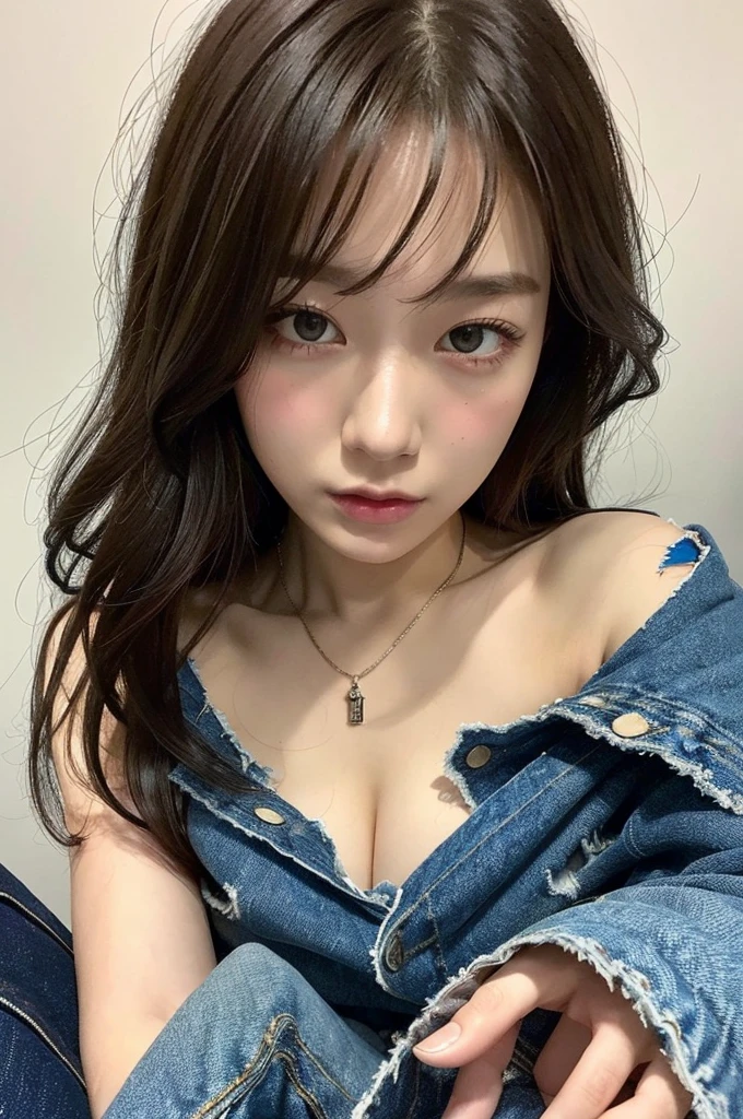 21-year-old Japan woman、Tattered and torn T-shirt、Torn T-shirt、Tattered Jeans、Ripped jeans、Perfect Eyes, Perfect hands, Perfect body, Perfect Hair, Brown Hair、Perfect breasts, masterpiece, Accurate, Anatomically correct, Very detailed, Advanced Details, high quality, 最high quality, High resolution, 16K, 8k, Long Hair,who should look、Watching、Shot from above、slim、barefoot、Disheveled Hair、Messy Hair