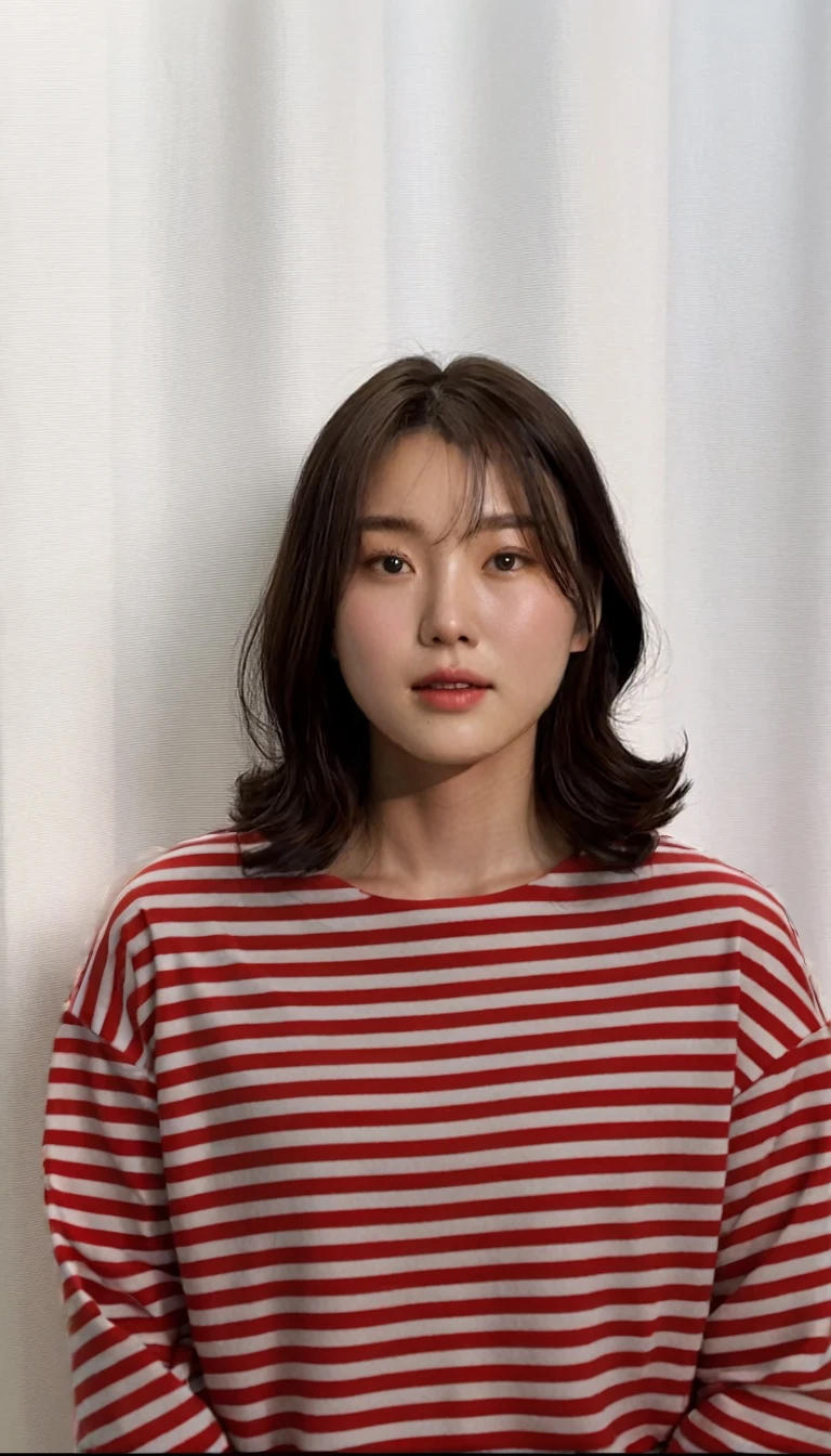 Best Quality, 8k, Masterpiece, (Portrait: 1.3), (photo realistic:1.4), (hyper realistic:1.4), Sharp Focus, looking at viewer, (smoother lighting:1.1), (increase cinematic lighting quality:0.9), realistic lighting, backlighting, light on face, ray trace, (brightening light:1.2), (Increase quality:1.4), sharp detail, (best quality real texture skin:1.4), finely detailed eyes, black_eyes, finely detailed face, 25 year old Korean woman, (white rilled_shirt:1.4), (Create an image maintaining the original base model hairstyle:1.5)