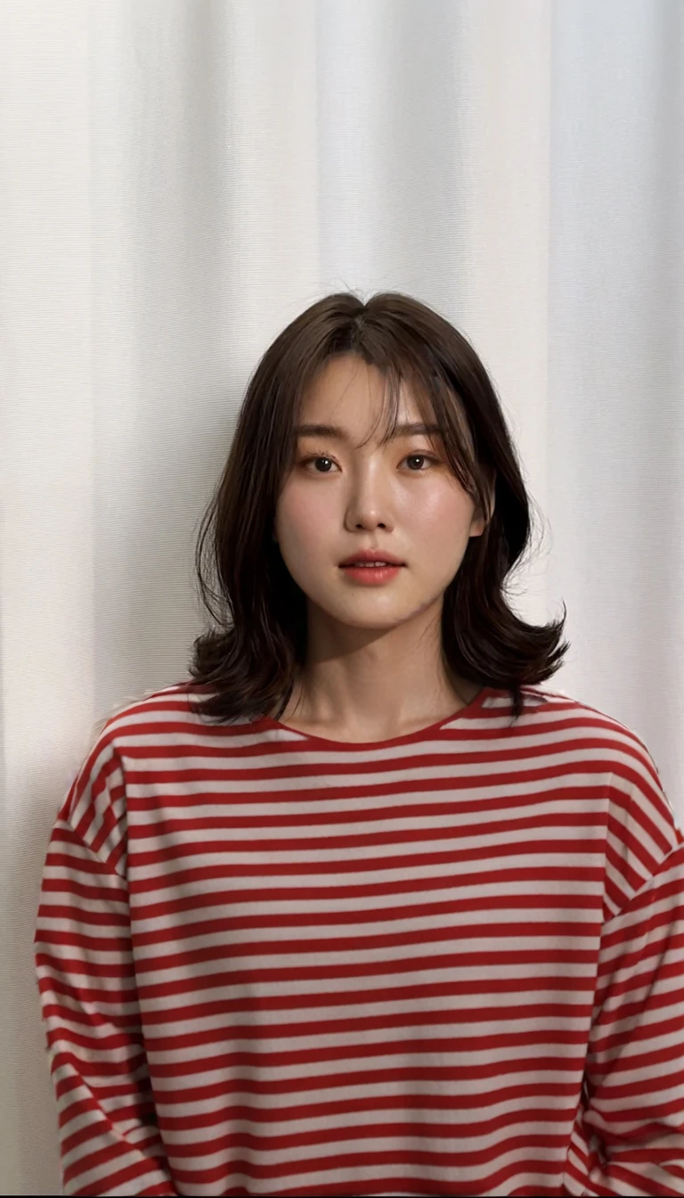 Best Quality, 8k, Masterpiece, (Portrait: 1.3), (photo realistic:1.4), (hyper realistic:1.4), Sharp Focus, looking at viewer, (smoother lighting:1.1), (increase cinematic lighting quality:0.9), realistic lighting, backlighting, light on face, ray trace, (brightening light:1.2), (Increase quality:1.4), sharp detail, (best quality real texture skin:1.4), finely detailed eyes, black_eyes, finely detailed face, 25 year old Korean woman, (white rilled_shirt:1.4), (Create an image maintaining the original base model hairstyle:1.5)