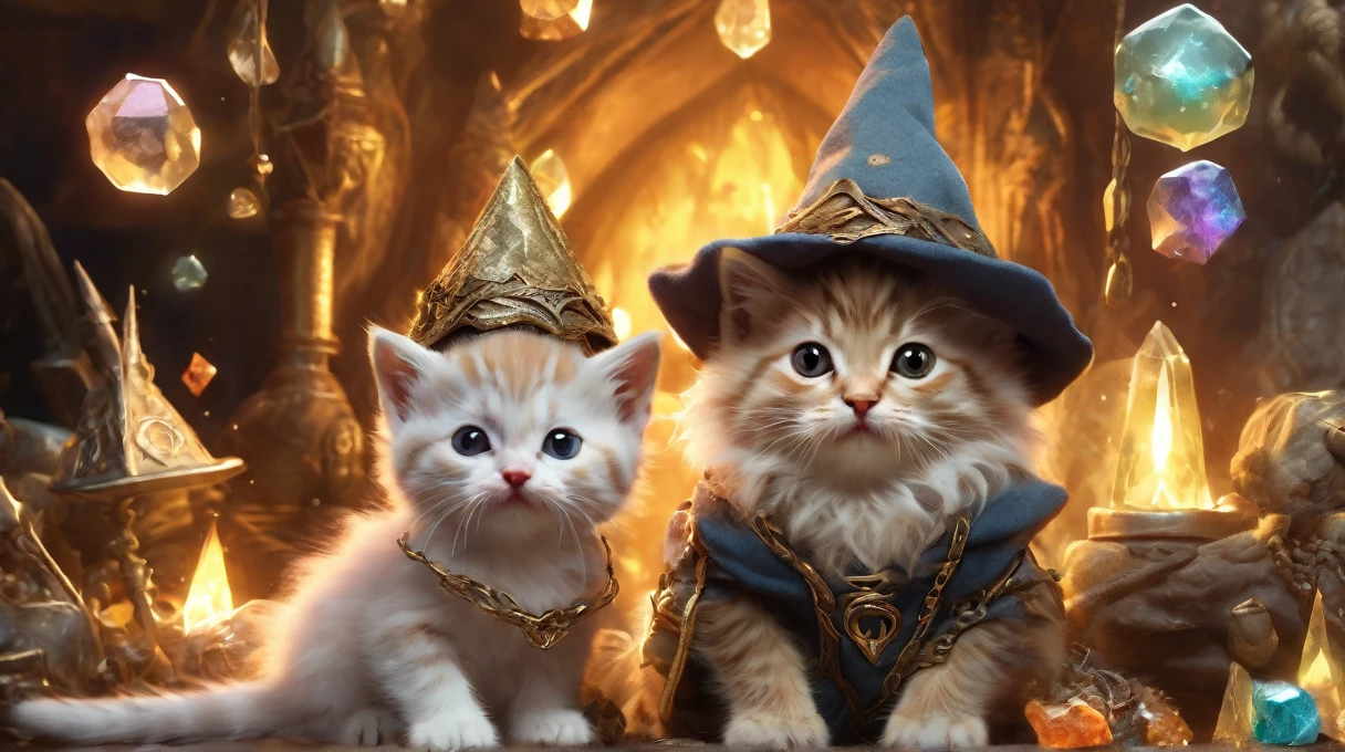 Cute kittens dressed up cutely as fantasy characters. This little adventurer travels through a fantastical world, Cute animals are wearing wizard crystals and hats .
As the adventure unfolds, Your imagination is the limit. The setting for this adventure is fantastic, A dreamlike world .
Tarot cards are scattered all around
(Photorealism, Realistic, Detailed face, Intricate details, 8k)