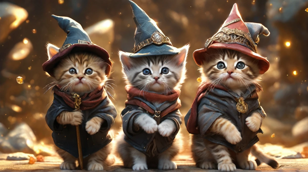 Cute kittens dressed up cutely as fantasy characters. This little adventurer travels through a fantastical world, Cute animals are wearing wizard crystals and hats .
As the adventure unfolds, Your imagination is the limit. The setting for this adventure is fantastic, A dreamlike world .
Tarot cards are scattered all around
(Photorealism, Realistic, Detailed face, Intricate details, 8k)