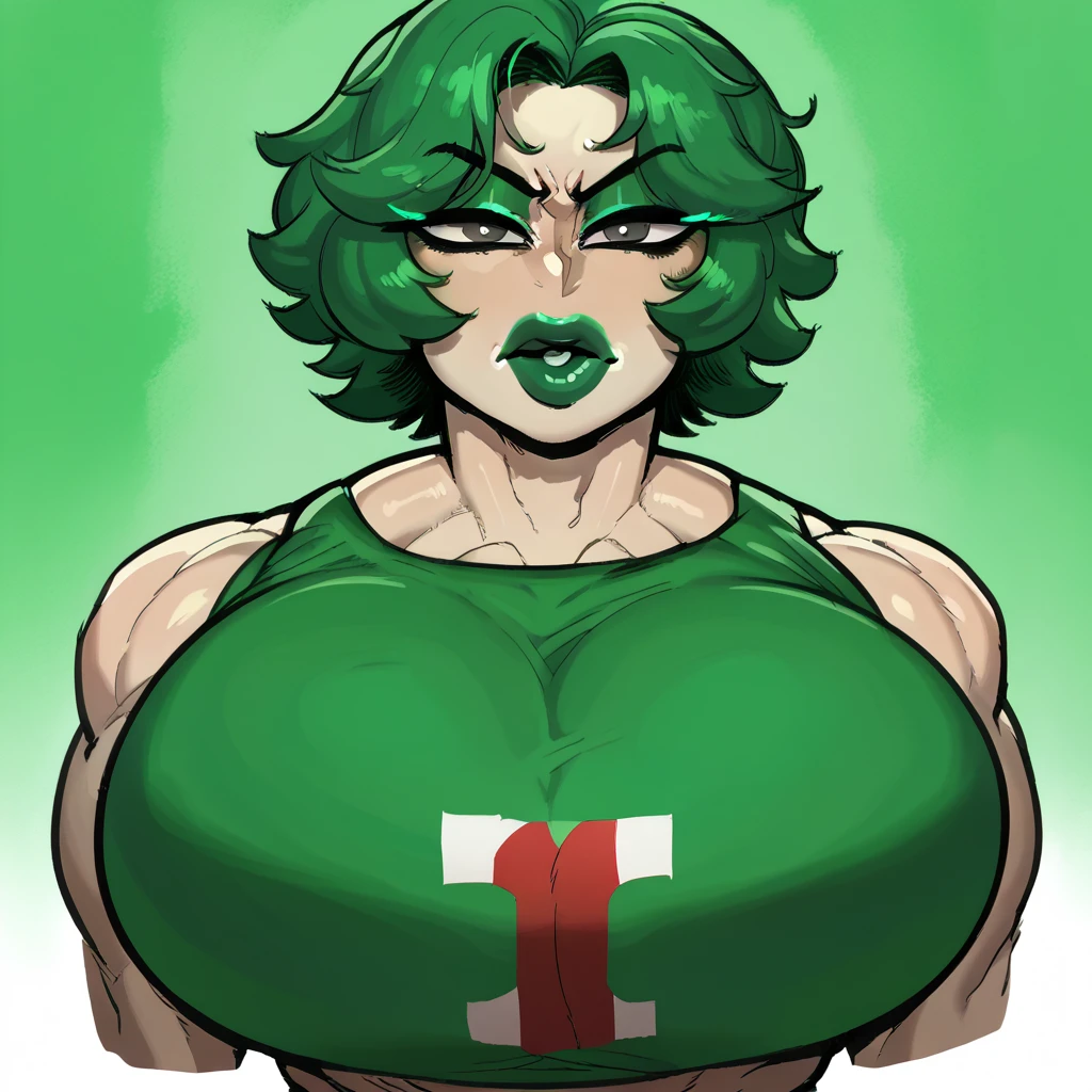 score_9, score_8_up, score_7_up, score_6_up, score_5_up, score_4_up, BREAK 1girl, ((muscular body:1)), intricate, (eyeliner:1.2), looking at viewer, green hair, green lips, detailed background,huge breasts (masterpiece, high quality:1), shock expression, upper body focus, Ms.Green (M&M)
