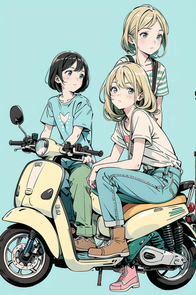 A beautiful anime-style illustration. A brown striped cat is sleeping on the seat of a pale blue scooter. Next to the scooter, a blonde woman is squatting on the ground, gazing at the cat. The woman is wearing a green off-the-shoulder top, denim shorts and brown boots. The background is pale blue, giving the illustration a simple and clean feel. The overall color scheme is soft, creating a warm atmosphere.