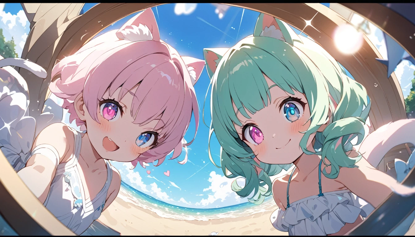 masterpiece, best quality, ultra detailed, exquisite, Full-HD, 16K, absurdres, , kemono, delightful, smiling, jumping, looking at viewer, twintail, medium hair, blunt bangs, wavy hair, shiny hair, pink hair, aqua hair, streaked hair, colored inner hair, pink eyes, blue eyes, odd eyes, with irises, with star-shaped irises, with heart-shaped irises, with diamond-shaped irises, with sparkling eyes, big eyes, droopy eyes, heterochromia, wide-eyed, with heart-shaped eyes, with heart-shaped pupils, pale skin, fair skin, shiny skin, detailed skin, tiny, , short, slim, bikini, smaller face, with cat ears, cat tail, cute face, baby face, 10-year-old, on the beach, blue sky and shining lights, kawaii, cute, anime, cel anime, 2d anime,upper body, on right, front view, dynamic angle, wide view, wide shot, golden ratio, framing composition, sunlight, best light, in focus with blurred background