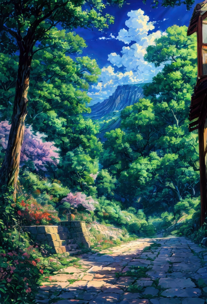 There is a painting of a colorful landscape with trees and flowers, vibrant gouache painting scenery, pintura de paisagem colorida, paisagem campestre anime, paisagem brilhante, scenic colorful environment, Jen Bartel, Paisagem do anime, arte de fundo do anime, anime bela cena de paz, scenery art detailed, Arte bonita UHD 4K, beautiful anime scenery, pintura digital colorida, paisagem de sonho, papel de parede de paisagem anime 