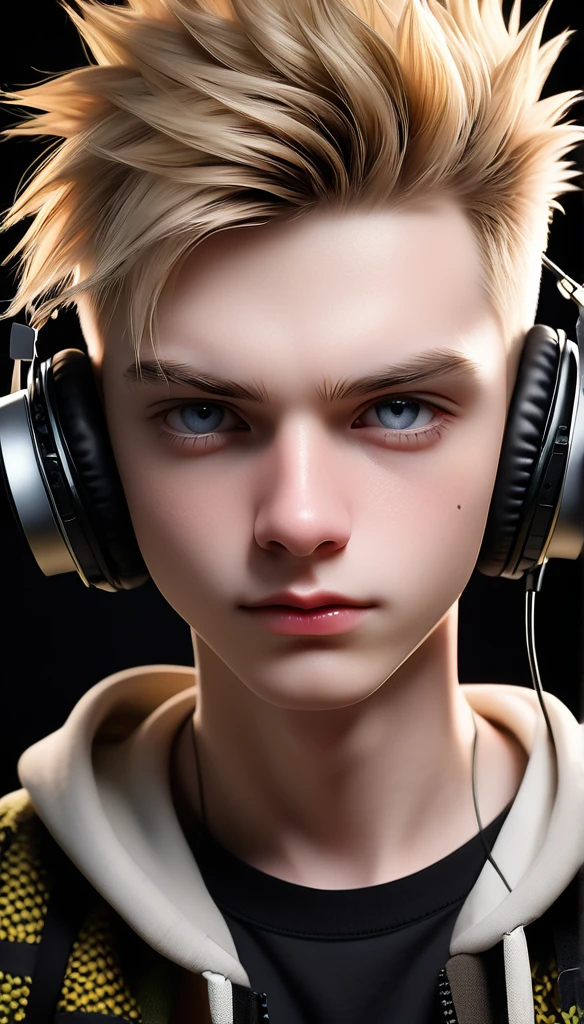 Meticulous, analog style, focus on the eyes, highest quality, (highly detailed skin), photo of very handsome pale skin Dutch punk boy, 21 years old, (wearing headphones), perfect face, pore skin, (penetration:0.5), black background, (bokeh:0.6), sharp focus, grainy lighting, (backlight:0.7), film grain, photographed with Sony A7R IV camera, 18mm F/1.7 cine lens, (highly detailed, intricate detail), 8k, HDR, front view, (upper body: 0.9)