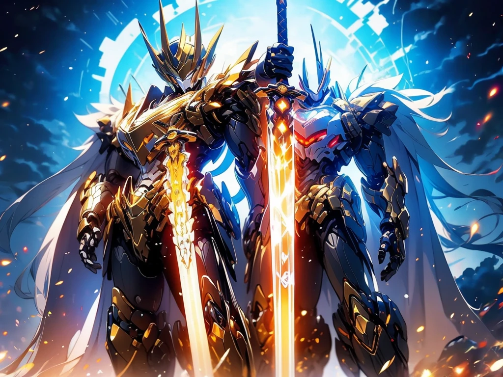 ultra wide shot, full body shot, (masterpiece) ， the best quality， High Quality， （Futurism：1.1）， （A paladin holding a light infused sword, light magic, divine, Magewave, silver and gold）， movie lights， （Exquisite future）， Beautiful and beautiful， Ultra detailed， Great composition， floating， Depth of field， （Very detailed CG，Unity 8k Wallpaper）， （Beautiful detail background）， Beautiful hair details， dramatic lights， GOGETTA， mecha，Bestquality，ultrahighres，photorealistic
