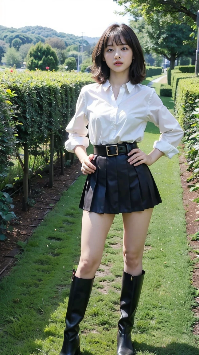 (8k、RAW Photos、Highest quality、masterpiece:1.2)、(Realistic、Realistic)、1 Girl、((suit、Black Mini Skirt、Medium Hair、boots、garden、View from the front、Looking at the camera、belt、Hands on your hips))、cute