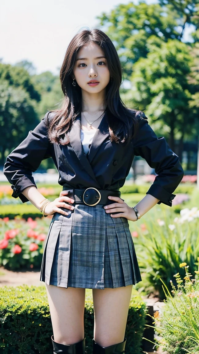 (8k、RAW Photos、Highest quality、masterpiece:1.2)、(Realistic、Realistic)、1 Girl、((suit、Black Mini Skirt、Medium Hair、boots、garden、View from the front、Looking at the camera、belt、Hands on your hips))、cute