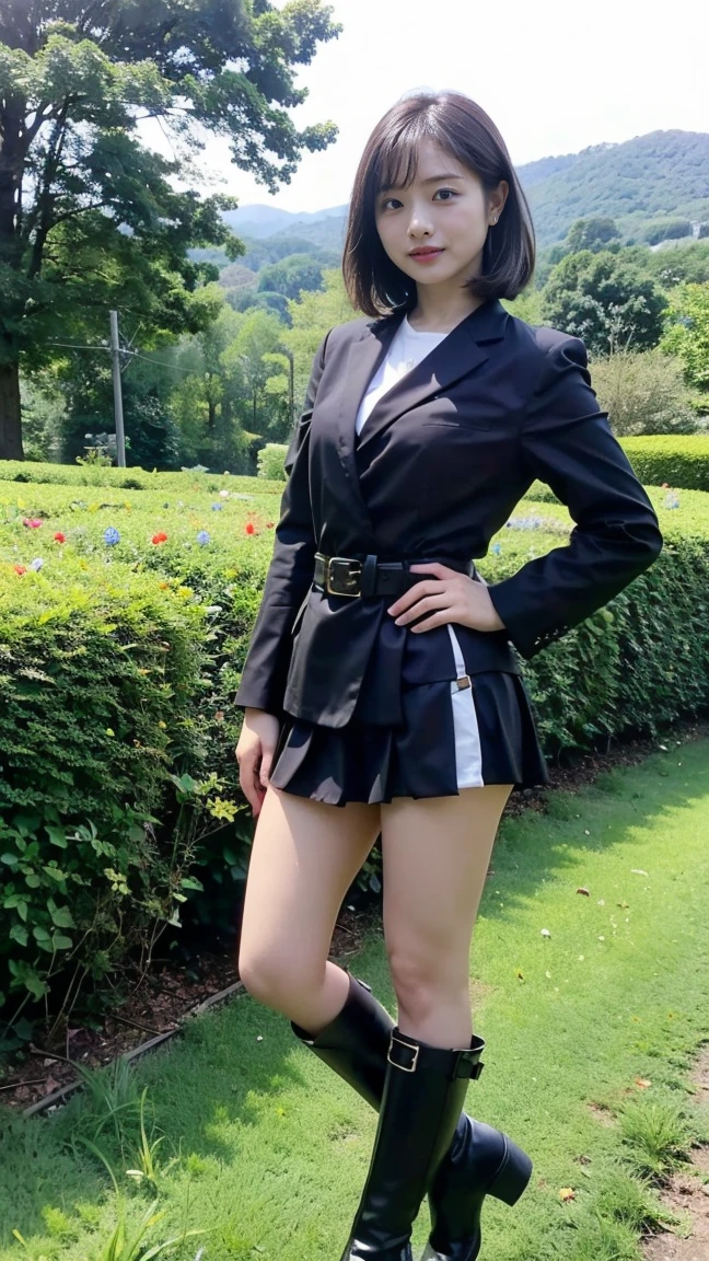 (8k、RAW Photos、Highest quality、masterpiece:1.2)、(Realistic、Realistic)、1 Girl、((suit、Black Mini Skirt、Medium Hair、boots、garden、View from the front、Looking at the camera、belt、Hands on your hips))、cute