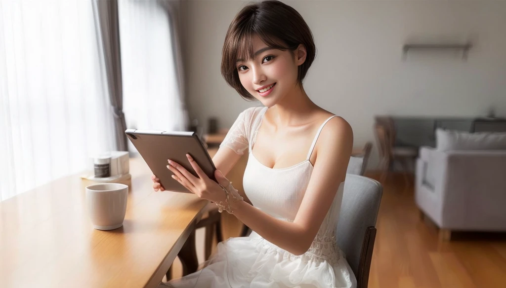 masterpiece, realistic, photorealistic, best quality, beautiful detailed, natural lighting, sharp focus, depth of field, cleavage, best quality real texture skin, Detailed beautiful delicate face and eyes, beautiful Japanese young woman, eyes open, looking at viewer, best quality real texture skin, Detailed beautiful delicate face and eyes, double eyelid, smile:1.2, white teeth:1.2, very short straight brown hair,