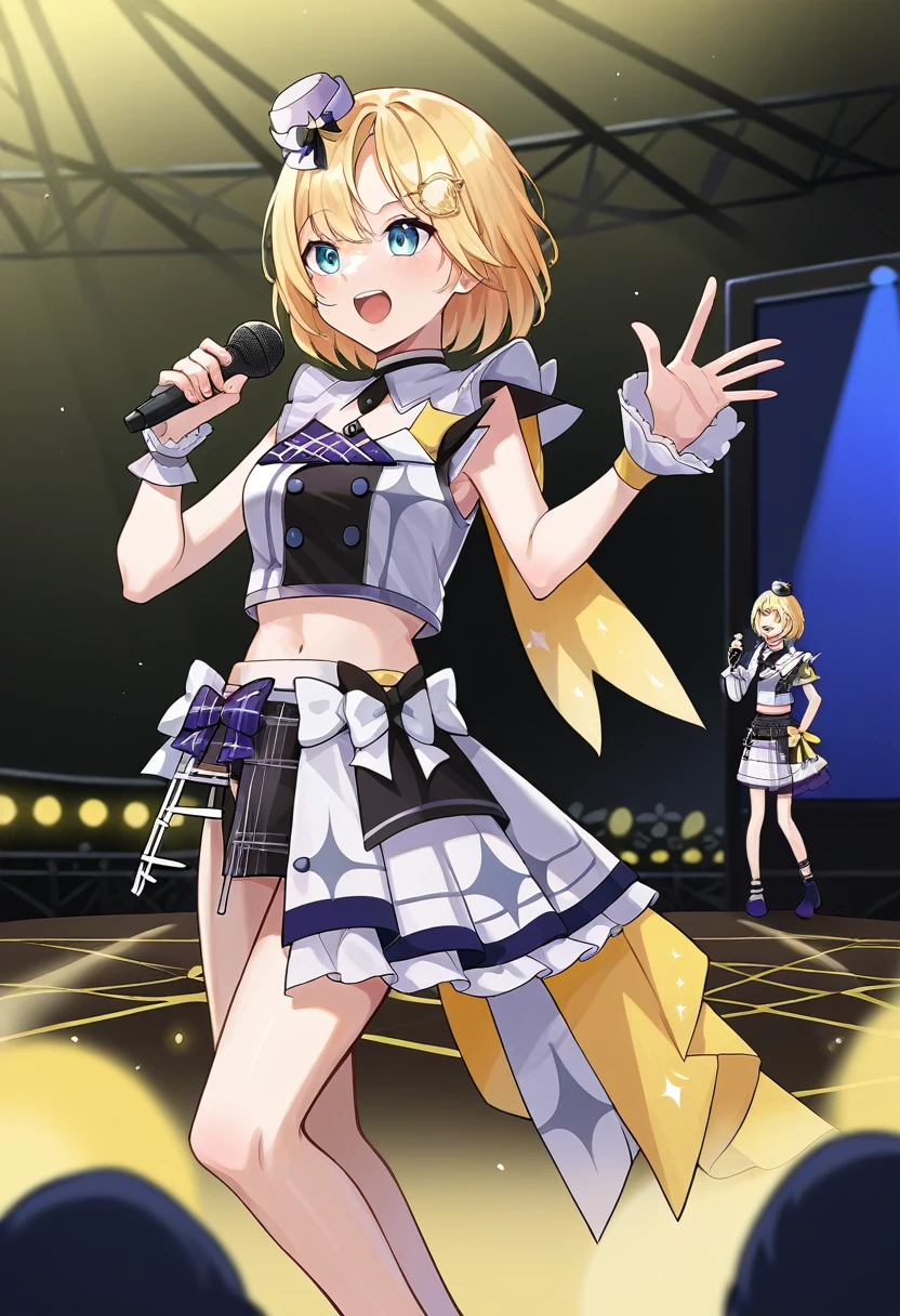 score_9, score_6_up, source_anime, stage, yellow lights, dynamic pose, holding microphone, singing, 1 boy , amelia_idol, bob cut, mini hat, bow, hololive idol uniform, midriff, waist cape, layered skirt, wrist cuffs, single thighhigh, single sleeve, monocle hair ornament 