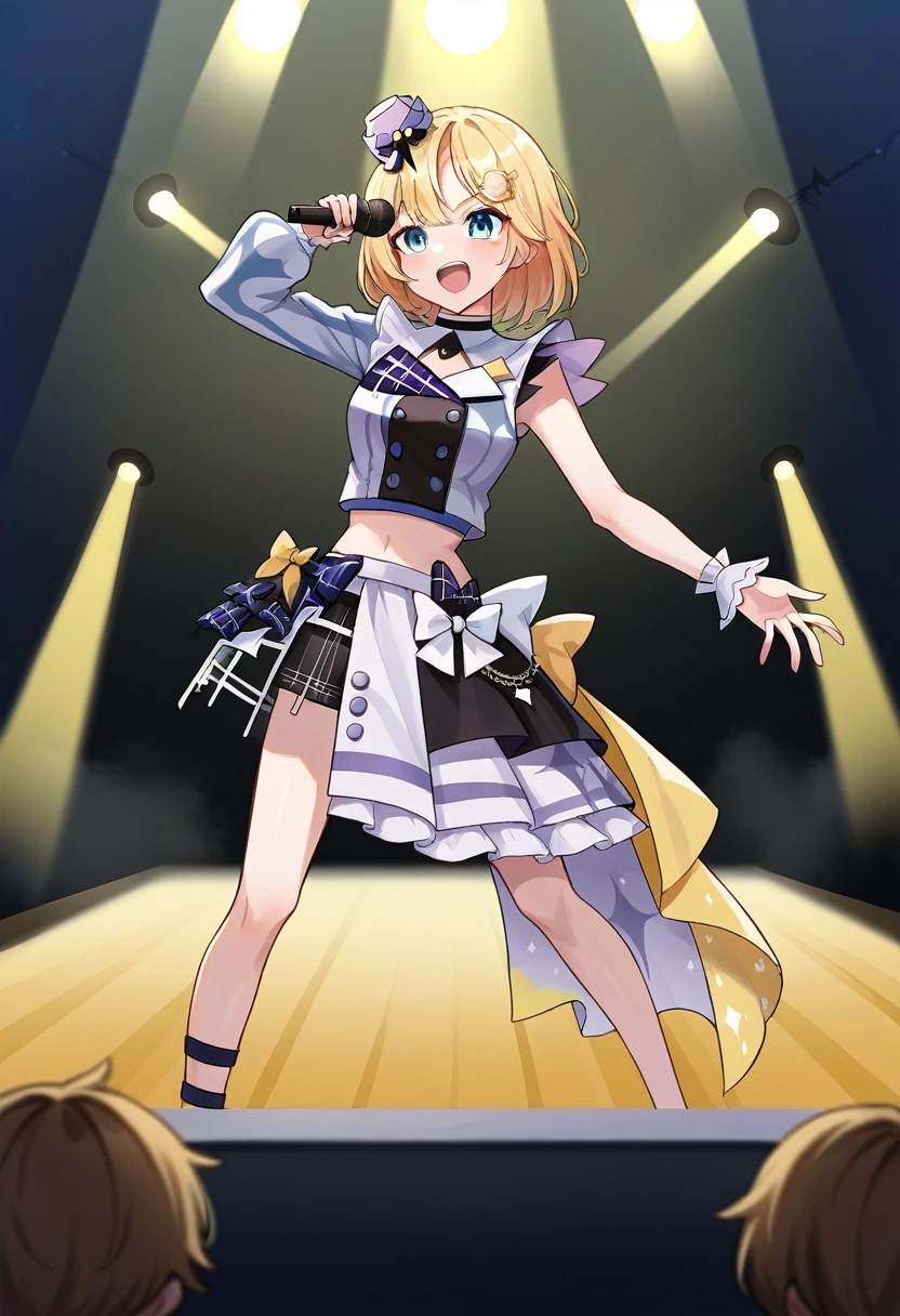 score_9, score_6_up, source_anime, stage, yellow lights, dynamic pose, holding microphone, singing, 1 boy , amelia_idol, bob cut, mini hat, bow, hololive idol uniform, midriff, waist cape, layered skirt, wrist cuffs, single thighhigh, single sleeve, monocle hair ornament 