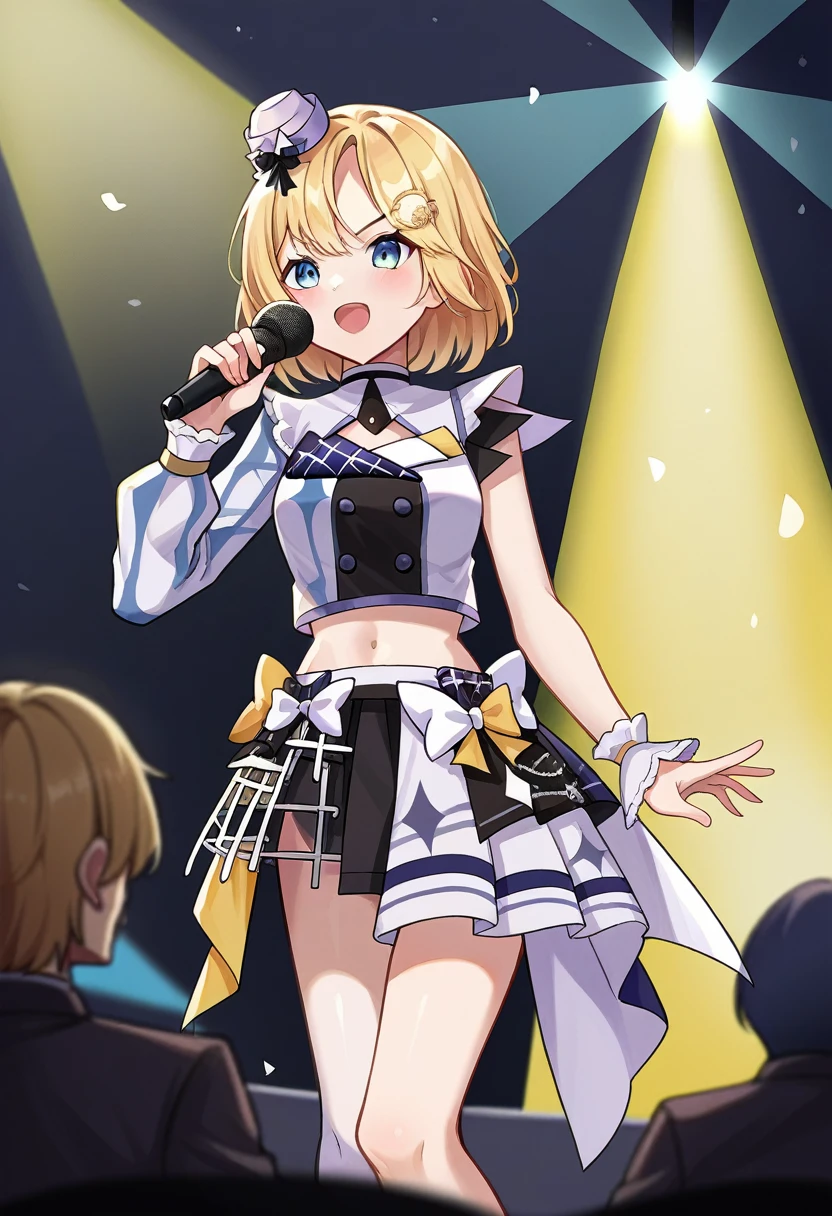 score_9, score_6_up, source_anime, stage, yellow lights, dynamic pose, holding microphone, singing, 1 boy , amelia_idol, bob cut, mini hat, bow, hololive idol uniform, midriff, waist cape, layered skirt, wrist cuffs, single thighhigh, single sleeve, monocle hair ornament 