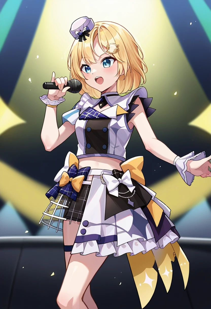 score_9, score_6_up, source_anime, stage, yellow lights, dynamic pose, holding microphone, singing, 1 boy , amelia_idol, bob cut, mini hat, bow, ho****ve idol uniform, midriff, waist cape, layered skirt, wrist cuffs, single thighhigh, single sleeve, monocle hair ornament 