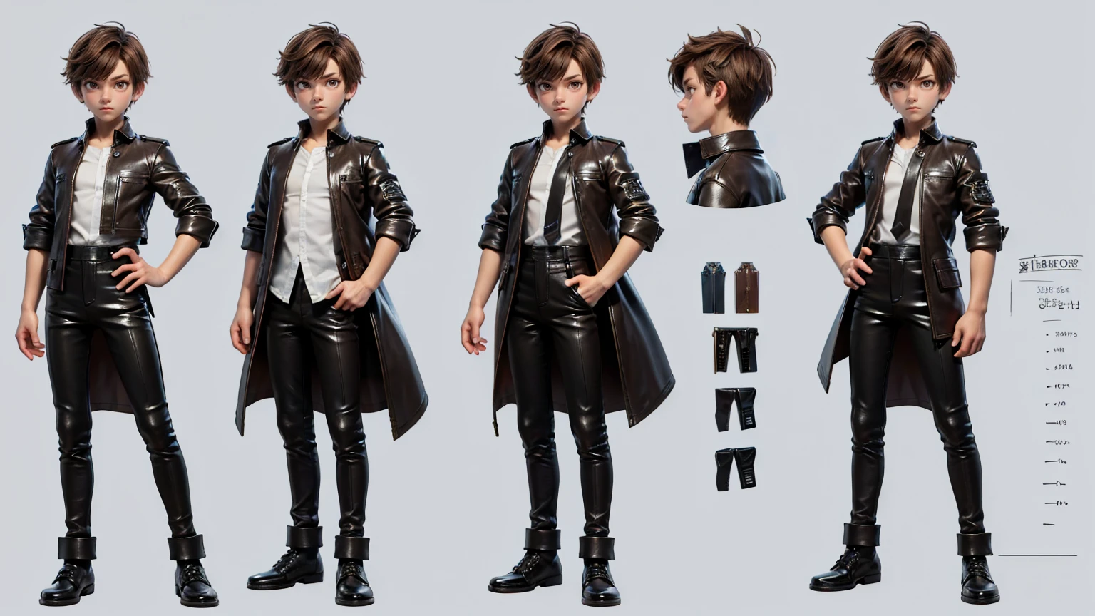 cute face boy, short height boy, wearing leather pent and shirt, full standing pose, short brown hairs, Character Sheet, 12 yo student, Full body, Simple white background, character reference sheet, Concept art, design sheet