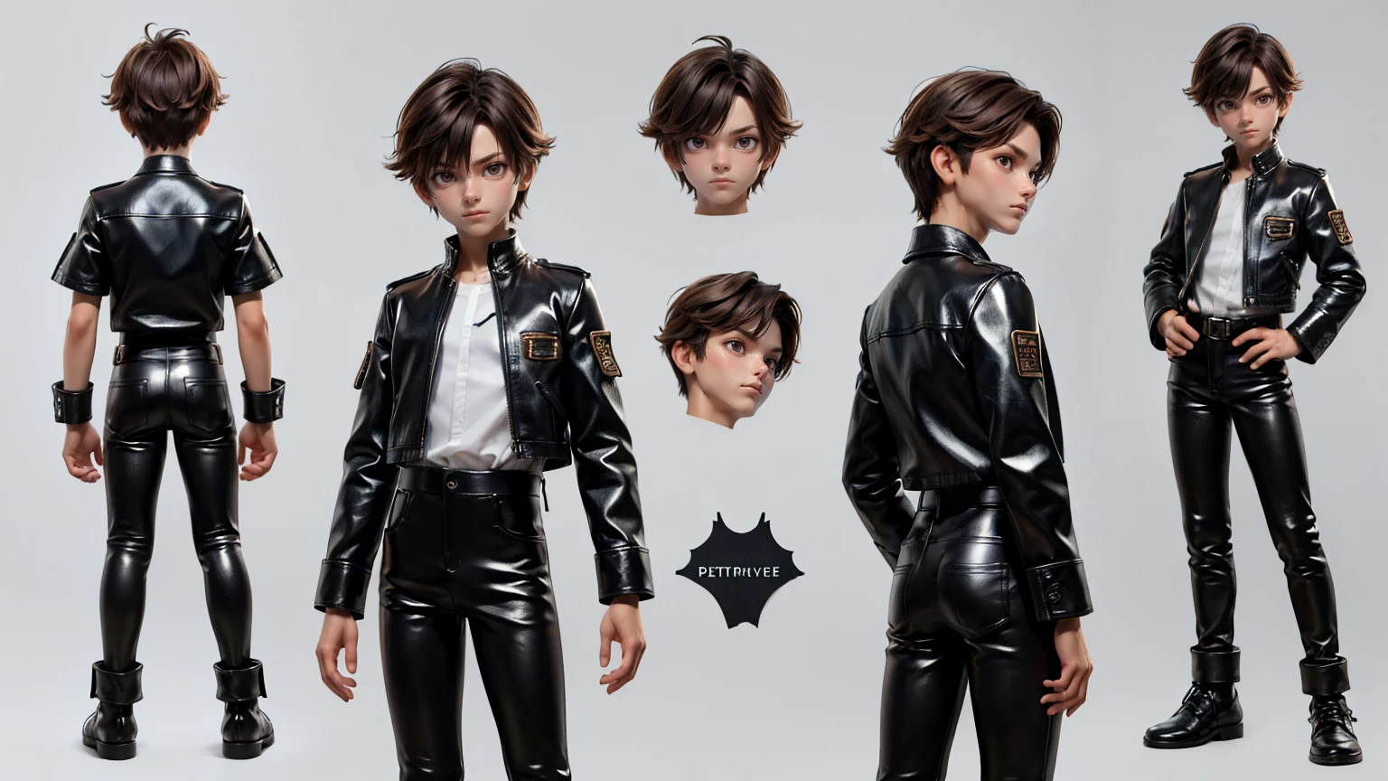 cute face boy, wearing leather pent and shirt,  full standing pose, short brown hairs, Character Sheet, , Full body, Simple white background, character reference sheet, Concept art, design sheet