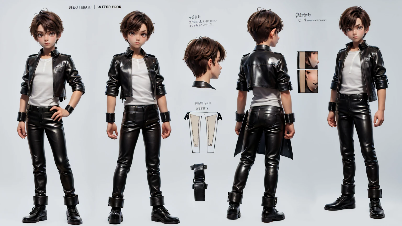 cute face boy, short height boy, wearing leather pent and shirt, full standing pose, short brown hairs, Character Sheet, 12 yo student, Full body, Simple white background, character reference sheet, Concept art, design sheet