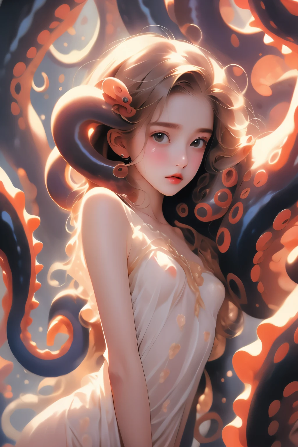 ((best quality)), ((masterpiece)), (detailed), 1girl, off-shoulder sweater, in the dungeon,Small space,Covered with tentacles, Tentacles around the body, many tentacles, Fine details,Tentacled,Tied with tentacles, drooling,Crying,Detailed body,Full limbs,NSFW