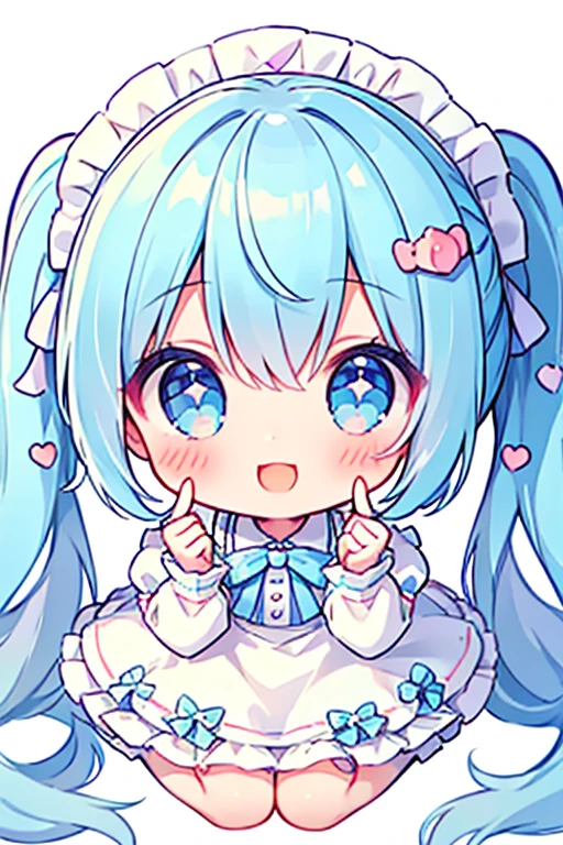 masterpiece, Highest quality, Highest Resolution、One Girl、from above, Looking up、full body、pastel colour、Maid outfit、Making a Heart with Fingers、Cute Dresses、Sparkling eyes、A smile that will captivate you、White background、Very long twin tails、wariza、Looking at me、