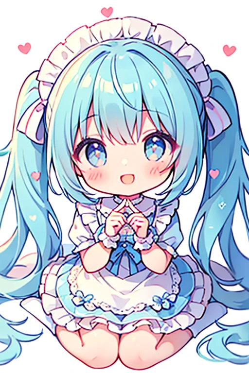 masterpiece, Highest quality, Highest Resolution、One Girl、from above, Looking up、full body、pastel colour、Maid outfit、Making a Heart with Fingers、Cute Dresses、Sparkling eyes、A smile that will captivate you、White background、Very long twin tails、wariza、Looking at me、