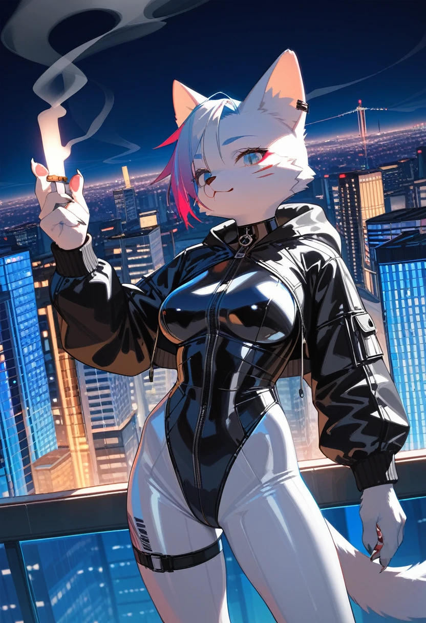 Highest quality, Highest quality, High quality illustrations, masterpiece, Ultra-high resolution, Detailed Background, skyscraper, rooftop, night, Absurd, Perfect Anatomy, performance, Good lighting, Shadows in the movies(kemono, Furry PersonifiCation), Cat, White Rubber Suit, latex, neon, neonライト, neonカラー, Bodysuits, Cyber Suit, cyber punk, Rubber Hoodie, Smoking shisha, Earrings, Tattoo Dynamic Angle
