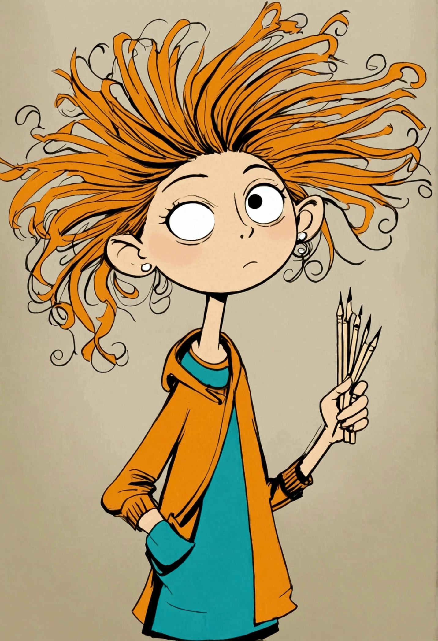 (((Children's graffiti，Exaggerated digital character sketches:1.37，Matchstick Men))).(1 Girl,Solitary,big eyes，Pointed nose，(Exaggerated expression,Exaggerated hairstyle)，Messy hair)，(Black sketch lines，Loose brushstrokes create the outline，Cartoon Style. Bright colors and simplified lines, sketch)。(Exaggerated body movements),(Large area of blank）