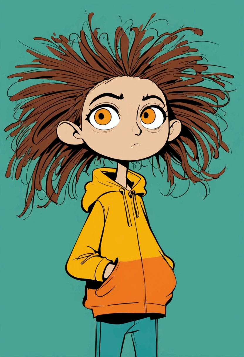 (((Children's graffiti，Exaggerated digital character sketches:1.37，Matchstick Men))).(1 Girl,Solitary,big eyes，Pointed nose，(Exaggerated expression,Exaggerated hairstyle)，Messy hair)，(Black sketch lines，Loose brushstrokes create the outline，Cartoon Style. Bright colors and simplified lines, sketch)。(Exaggerated body movements),(Large area of blank）