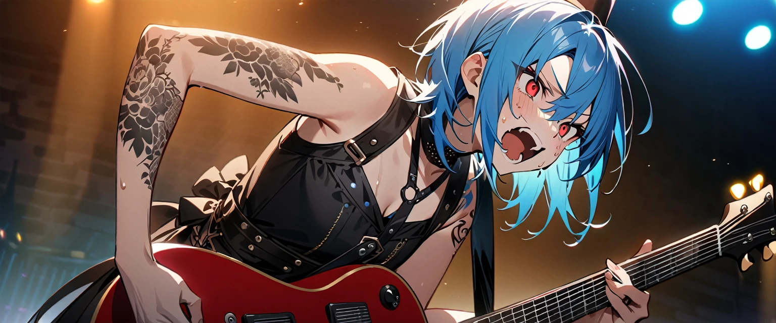 (((masterpiece,Highest quality))),((A male anime character with short blue hair, red eyes, and a tattooed upper arm wearing a visual kei outfit, holding a guitar)),(((Small steampunk top hat,Tattoos on the right side of the face and on the arm))),(((He plays a steampunk-style electric guitar on stage.,Sweating and screaming while performing,Leaning forward))),Focus on the upper body,(high quality),アニメ
